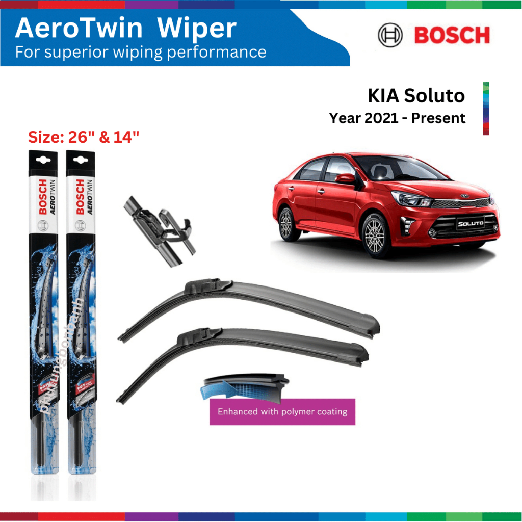 Bộ gạt mưa xe ô tô KIA Soluto (21-), Bosch AeroTwin, móc chữ U, 26" & 14", bộ gạt nước xe Soluto, phụ tùng ô tô