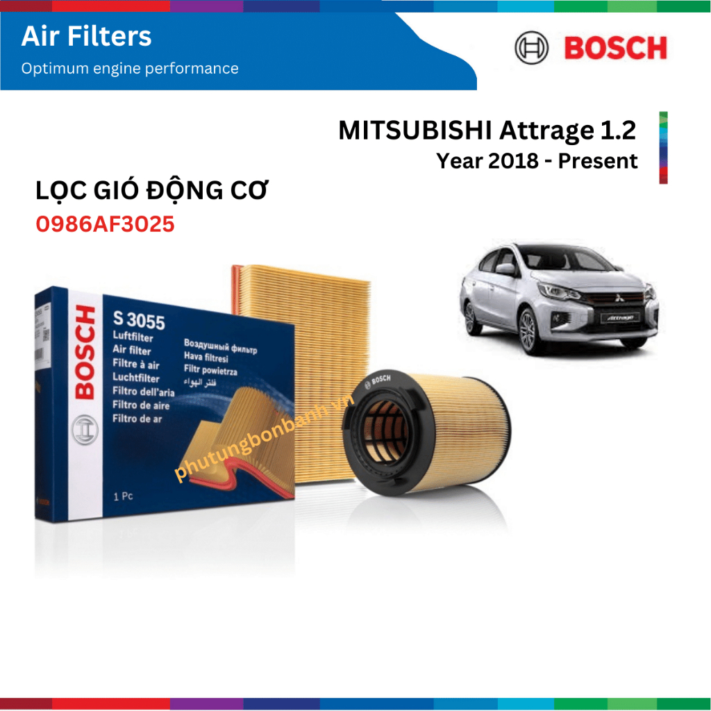 Lọc gió động cơ xe MITSUBISHI Attrage 1.2 đời xe 2018 đến nay, Bosch Air Filters 0986AF3025, Attrage