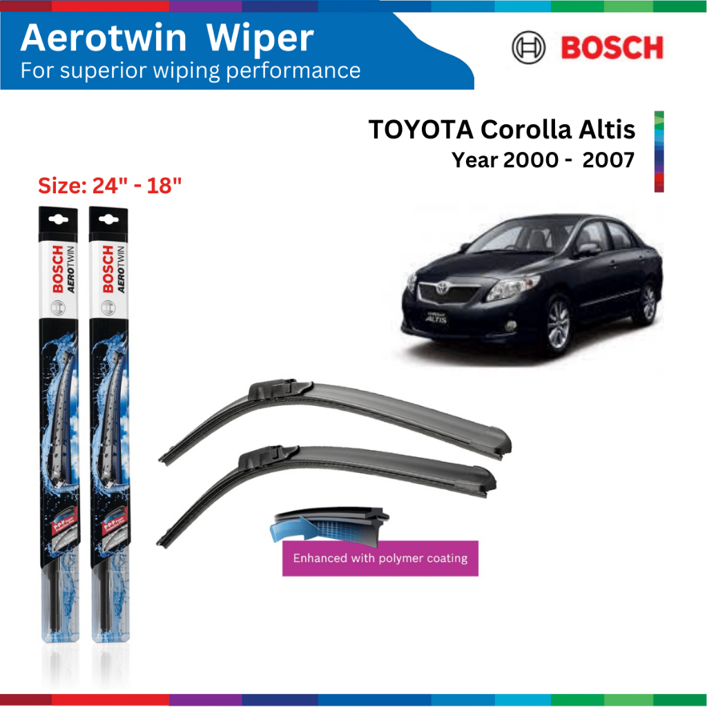 Bộ gạt mưa xe Toyota Corolla Altis (00-07), Bosch Aerotwin, loại móc chữ U, kích thước 24" & 18", bộ gạt nước xe Altis