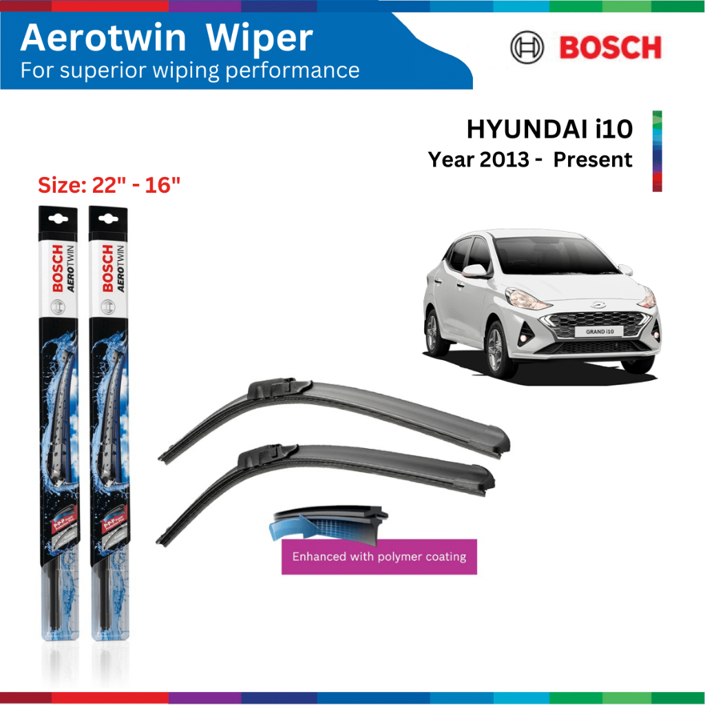 Bộ gạt mưa xe HYUNDAI i10 (13-), Bosch Aerotwin, chân cài chữ U, size 22" & 16", bộ gạt nước xe i10