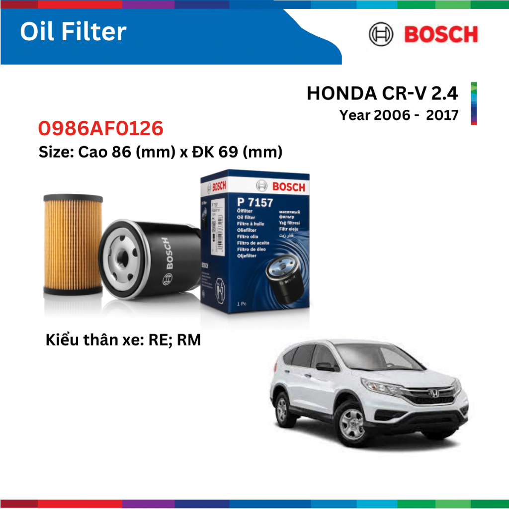 Lọc dầu động cơ xe HONDA CRV, CR-V, đời xe 2006 đến nay, Bosch Oil Filter, 0986AF0126, phụ tùng Bosch