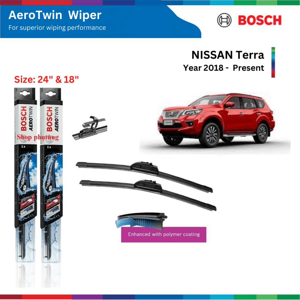 Bộ gạt mưa xe ô tô Nissan Terra, đời xe 2018 đến nay, Bosch AeroTwin, móc chữ U, size 24" & 18", gạt nước xe Terra