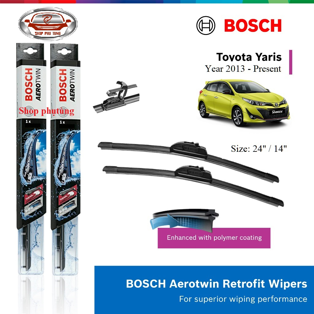 Bộ gạt mưa xe ô tô Toyota Yaris, đời (06–11), Bosch Aerotwin, loại móc chữ U, size 24" & 14", gạt nước Yaris