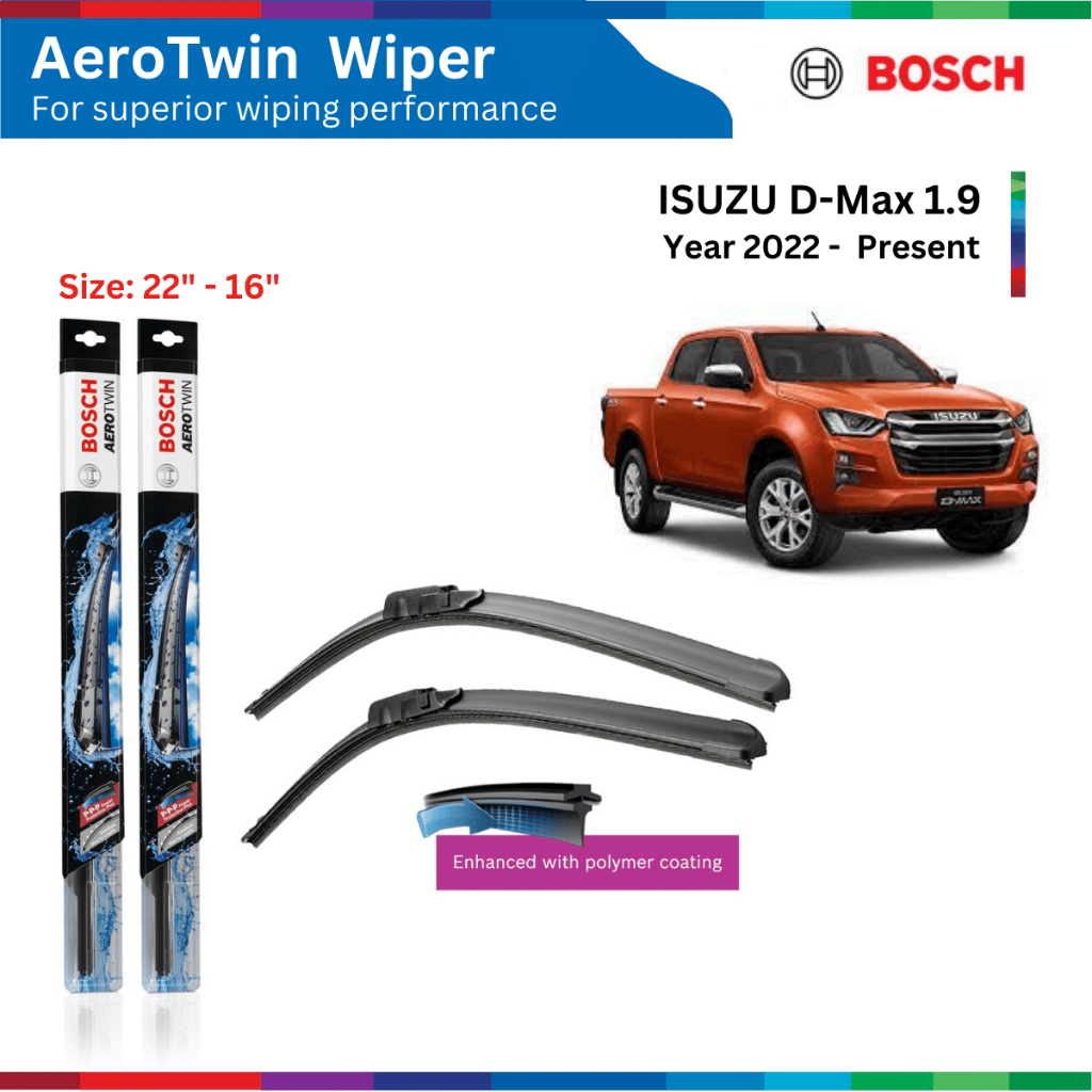 Bộ gạt mưa xe ISUZU D-Max 1.9, Dmax, đời xe 2022 đến nay, Bosch AeroTwin, móc chữ U, size 22" & 16", gạt nước xe D-Max