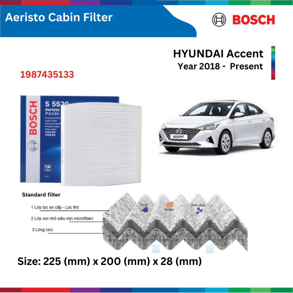 Lọc gió điều hòa xe HYUNDAI Accent (2018-), Bosch Aeristo 1987435133, Lọc gió máy lạnh Accent