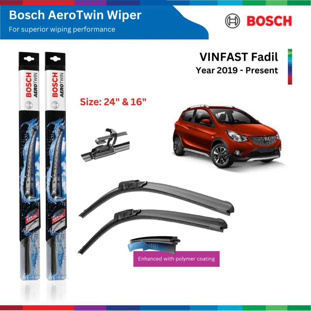 Bộ gạt mưa xe VINFAST Fadil, đời xe 2019 đến nay, Bosch AeroTwin, ngàm chữ U, size 24" & 16", gạt nước xe Fadil