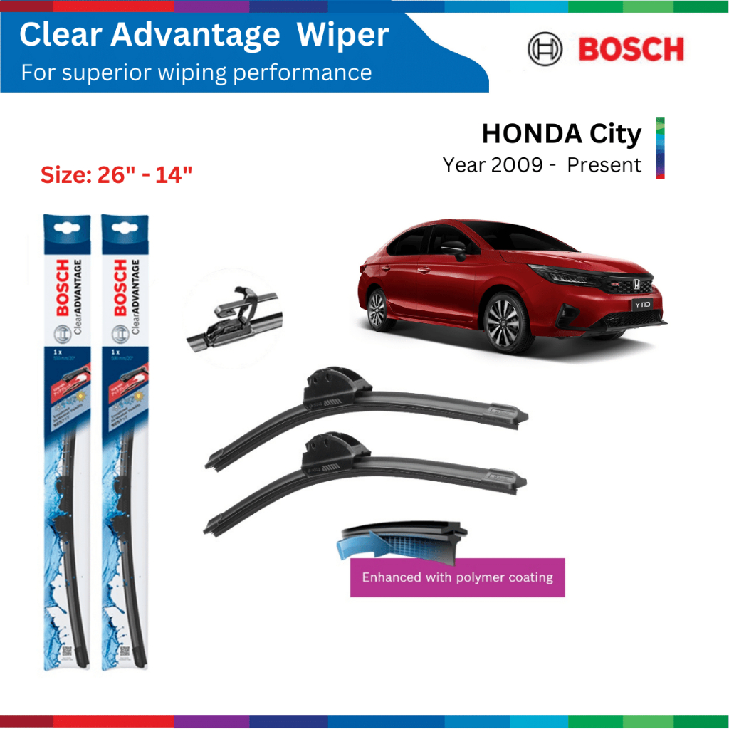 Bộ gạt mưa xe ô tô HONDA City, đời xe 2009 đến nay, Bosch Clear Advantage, ngàm chữ U, 26" & 14", gạt nước xe City