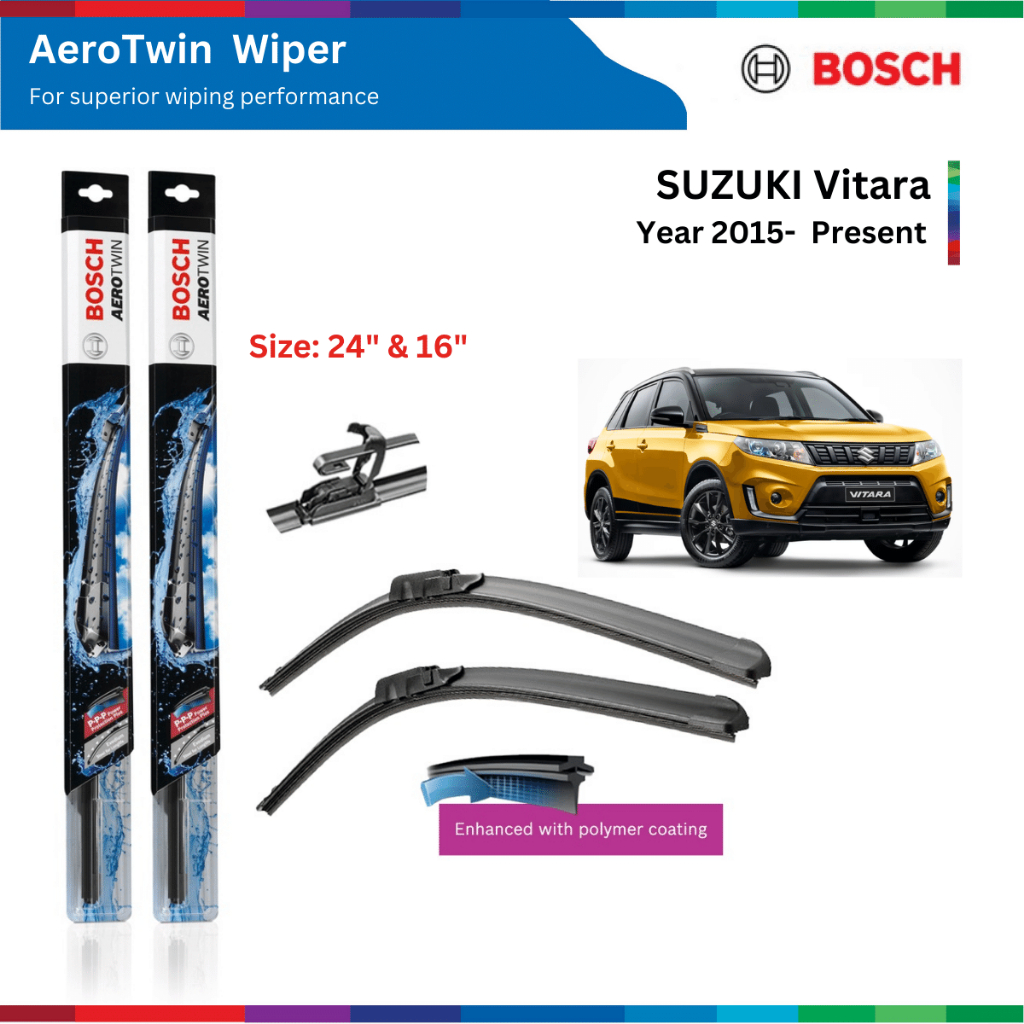 Bộ gạt mưa xe SUZUKI Vitara, đời xe 2015 đến nay, Bosch AeroTwin, ngàm chữ U, 24" & 16", gạt nước xe Vitara