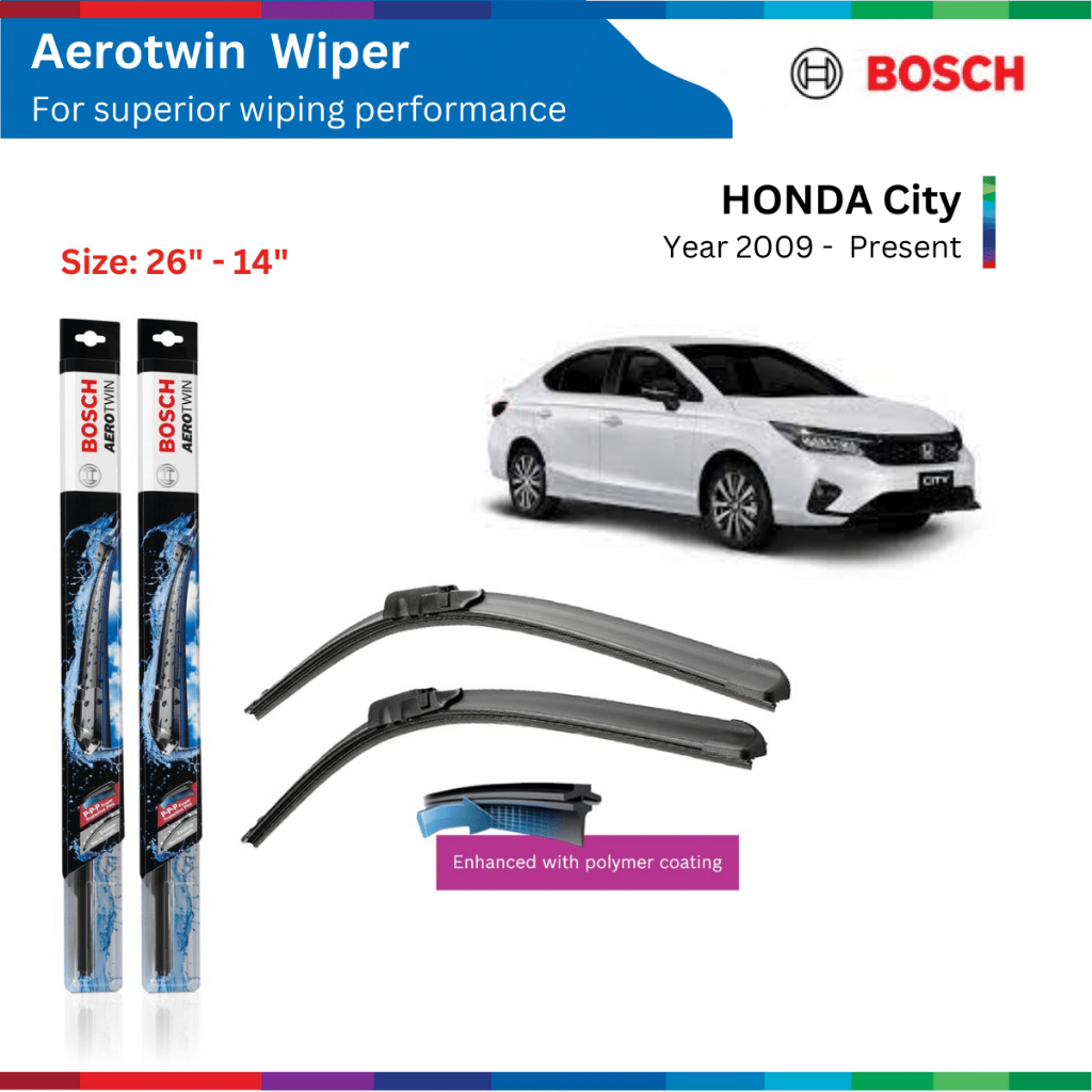 Bộ gạt mưa xe HONDA City, đời xe 2009 đến nay, Bosch AeroTwin, ngàm chữ U, 26" & 14", gạt nước xe City