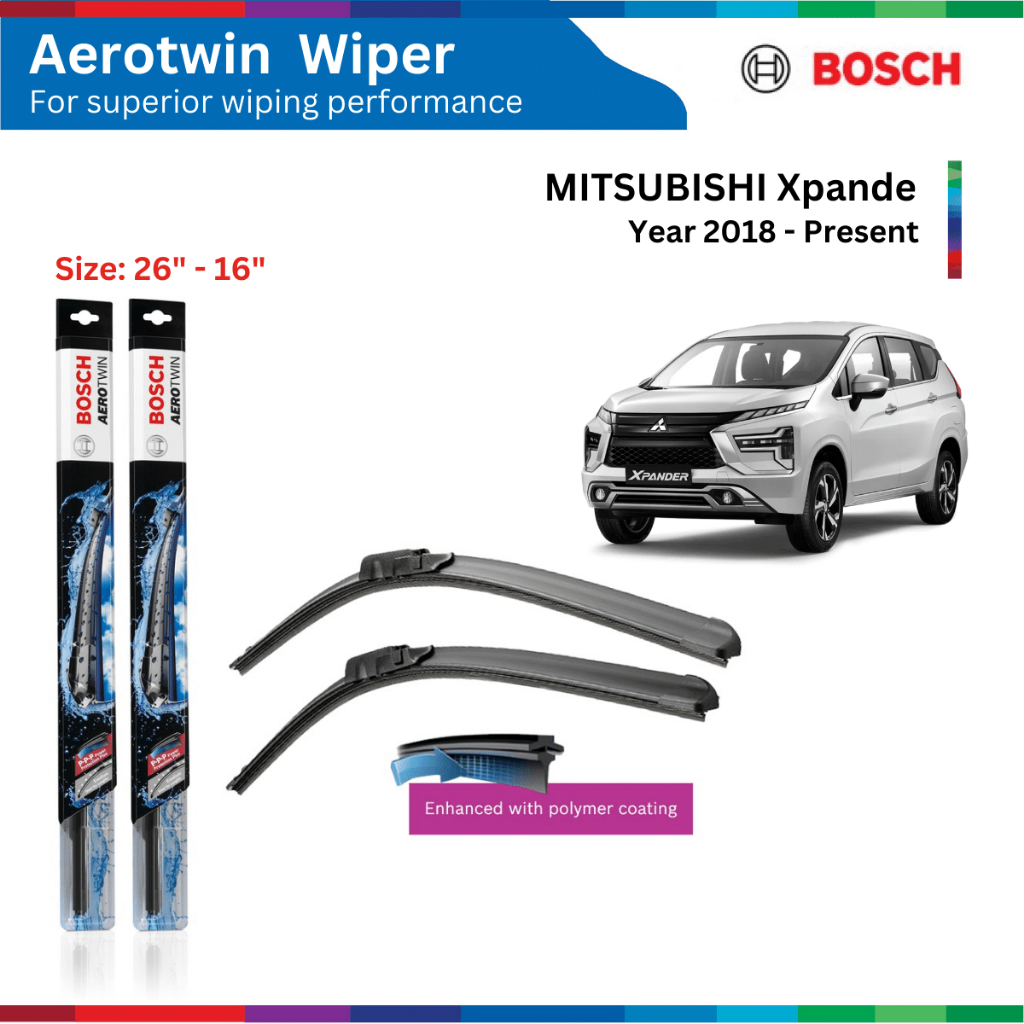 Bộ gạt mưa xe MITSUBISHI Xpander, đời xe 2018 đến nay, Bosch AeroTwin, chân cài U, size 26" & 16", gạt nước xe Xpander