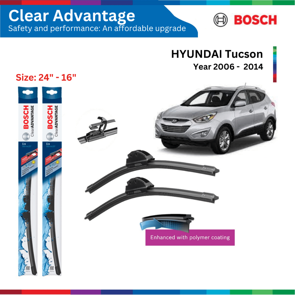 Bộ gạt mưa xe ô tô HYUNDAI Tucson, đời xe 2006 đến 2014, Bosch Clear Advantage, móc chữ U, 24" & 16", gạt nước xe Tucson