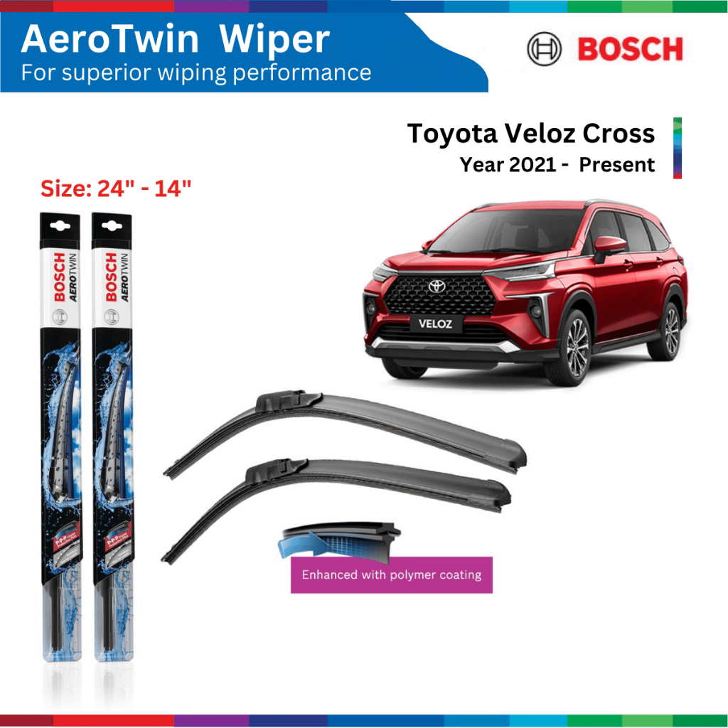 Bộ gạt mưa xe TOYOTA Veloz Cross, đời xe 2021 đến nay, Bosch AeroTwin, móc chữ U, 24" & 14", bộ gạt nước xe Veloz Cross