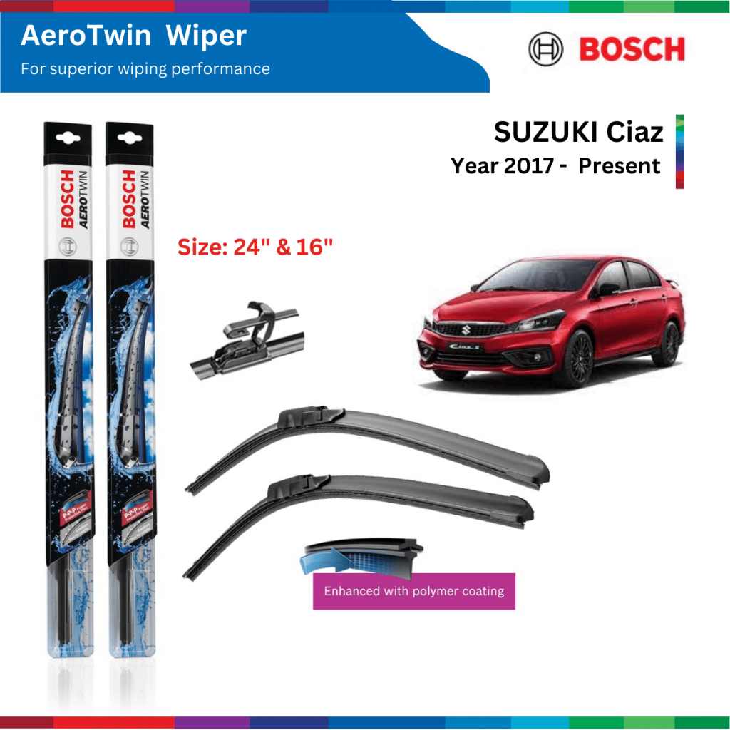 Bộ gạt mưa xe SUZUKI Ciaz, đời xe 2017 đến nay, Bosch AeroTwin, ngàm chữ U, 24" & 16", gạt nước xe Ciaz, phụ tùng Bosch