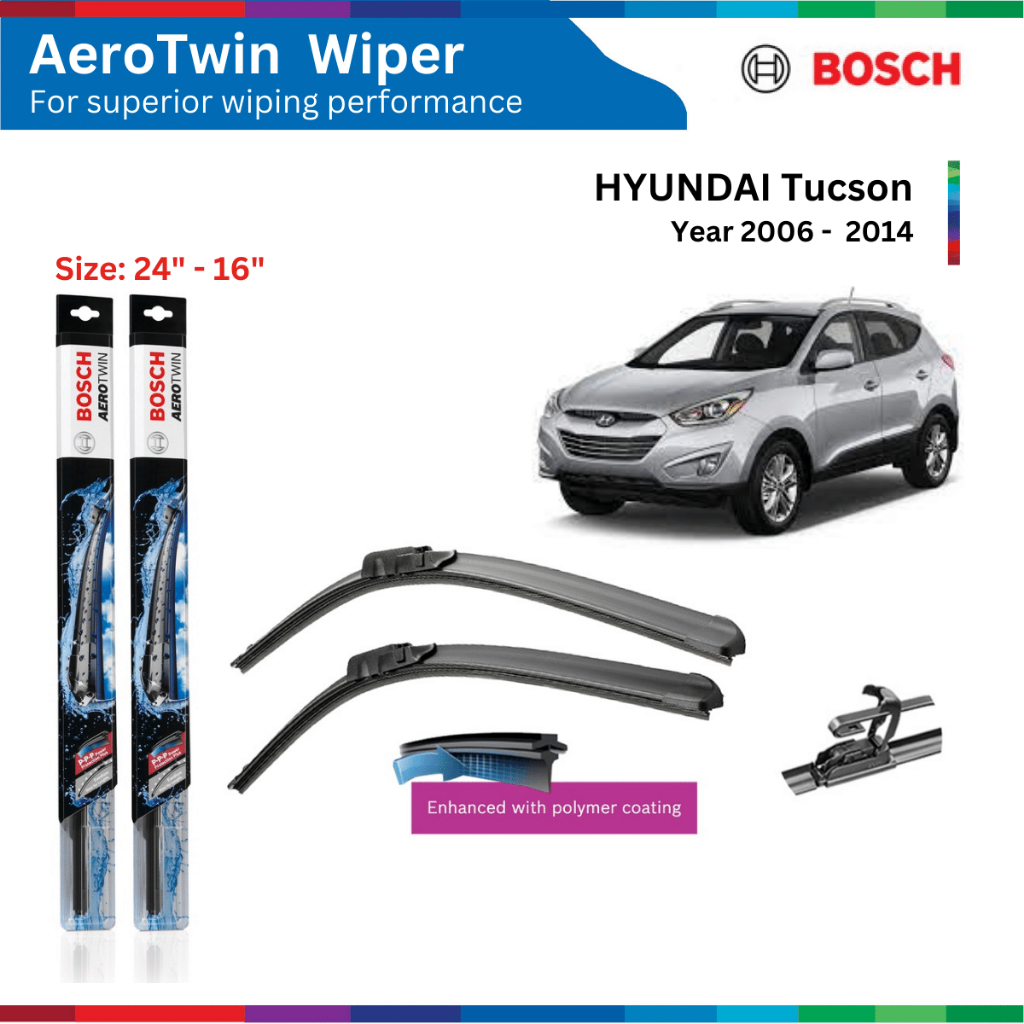 Bộ gạt mưa xe ô tô HYUNDAI Tucson, đời xe 2006 đến 2014, Bosch AeroTwin, móc chữ U, 24" & 16", gạt nước xe Tucson