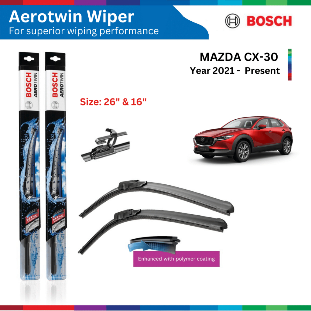 Bộ gạt mưa xe MAZDA CX-30, CX30, đời xe 2021 đến nay, Bosch AeroTwin, ngàm chữ U, Size 26" & 16", bộ gạt nước xe CX-30