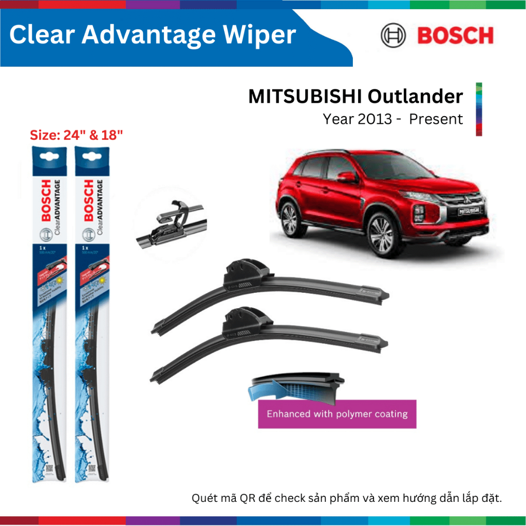 Bộ gạt mưa xe Mitsubishi Outlander, đời xe 2007 đến nay, Bosch Clear Advantage, ngàm chữ U, gạt nước xe Outlander