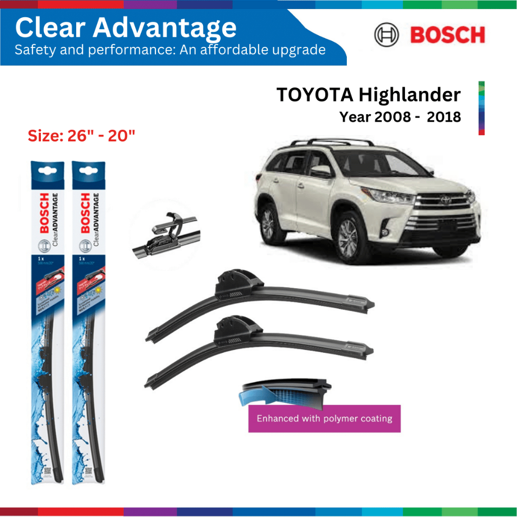 Bộ gạt mưa xe TOYOTA Highlander (08-18), Bosch Clear Advantage, móc chữ U, 26" & 20", bộ gạt nước xe Highlander