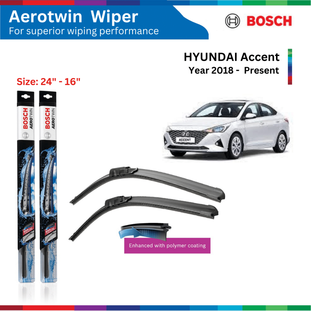 Bộ gạt mưa xe HYUNDAI Accent đời xe 2018 đến nay, Bosch AeroTwin, móc chữ U, Size 24" & 16", bộ gạt nước xe Accent