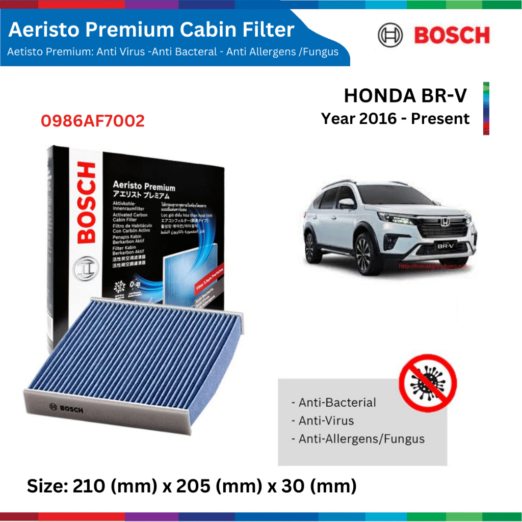 Lọc gió điều hòa xe HONDA BRV, BR-V 2016-, than hoạt tính, chống bụi mịn PM2.5, Bosch Aeristo Premium 0986AF7002, F5864