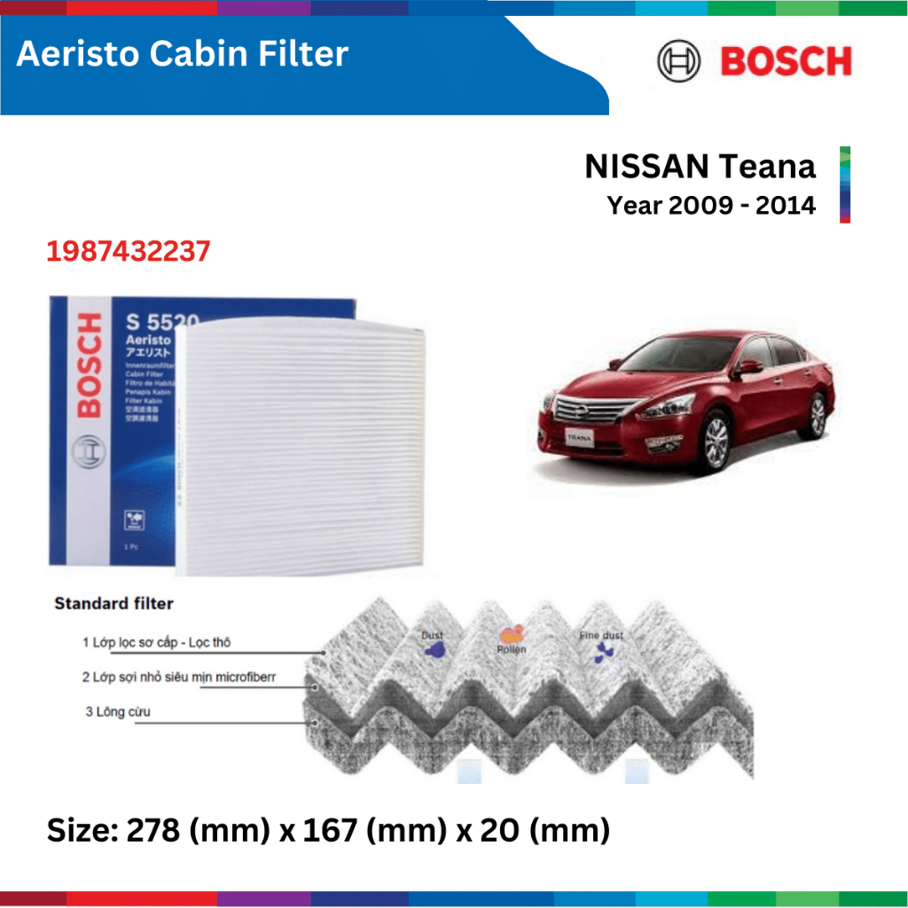 Lọc gió điều hòa xe NISSAN Teana đời xe 2009 đến 2014, Bosch Aeristo 1987432237, lọc gió máy lạnh Teana