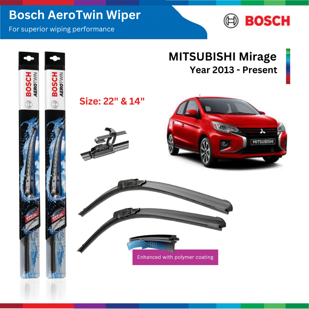 Bộ gạt mưa xe MITSUBISHI Mirage, đời xe từ 2013 đến nay, Bosch AeroTwin, size 22 & 14, gạt nước xe Mirage