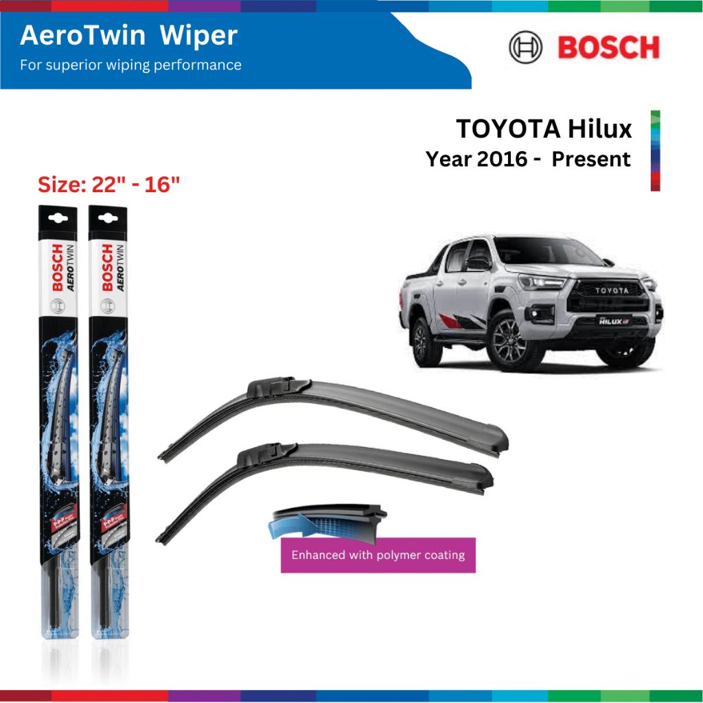 Bộ gạt mưa xe TOYOTA Hilux, đời xe 2016 đến nay, Bosch AeroTwin, ngàm chữ U, size 22" & 16", gạt nước xe Hilux