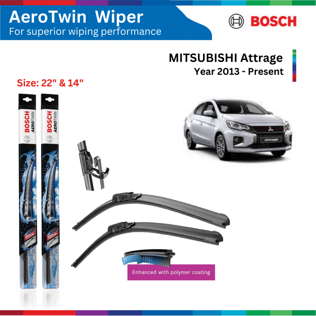 Bộ gạt mưa xe ô tô MITSUBISHI Attrage (2013-), Bosch AeroTwin, size 22" & 14", gạt nước xe Attrage, phụ tùng Bosch