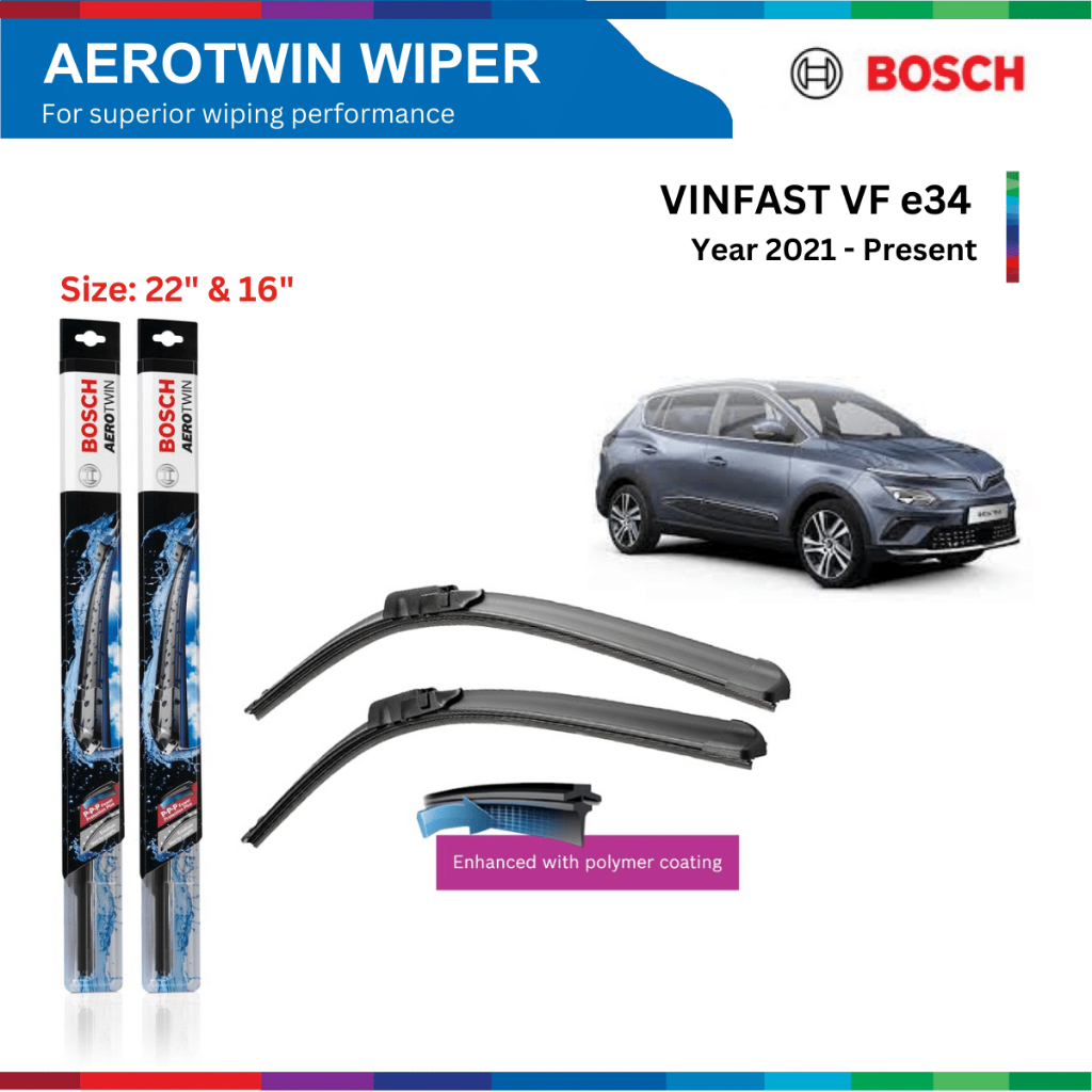 Bộ gạt mưa xe VINFAST VF e34 (21-), Bosch AeroTwin, móc chữ U, 22" & 16", bộ gạt nước xe VF e34