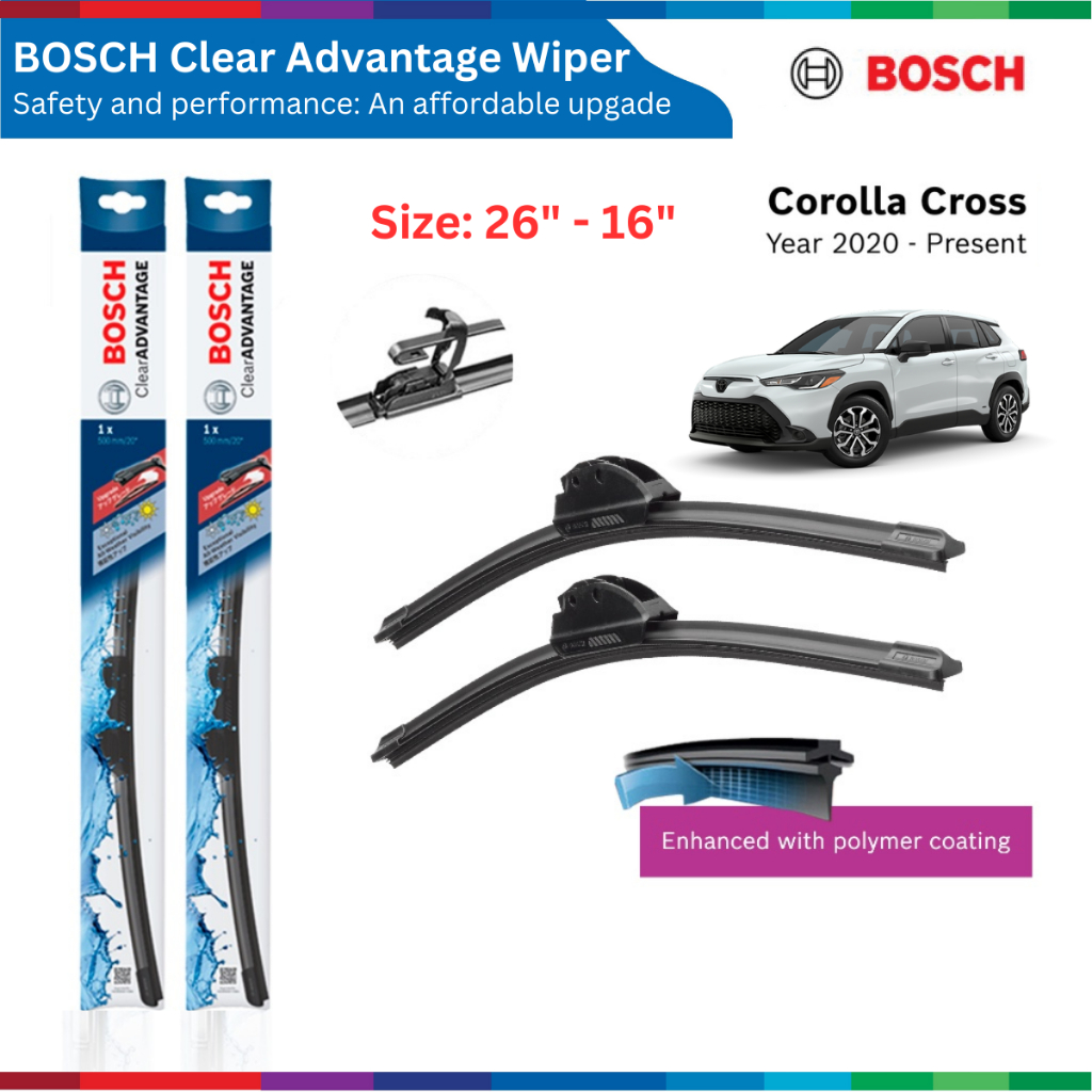 Bộ gạt mưa xe Toyota Cross, đời xe 2020 đến nay, Bosch Clear Advantage, chân cài U, size 26" & 16", gạt nước xe Cross