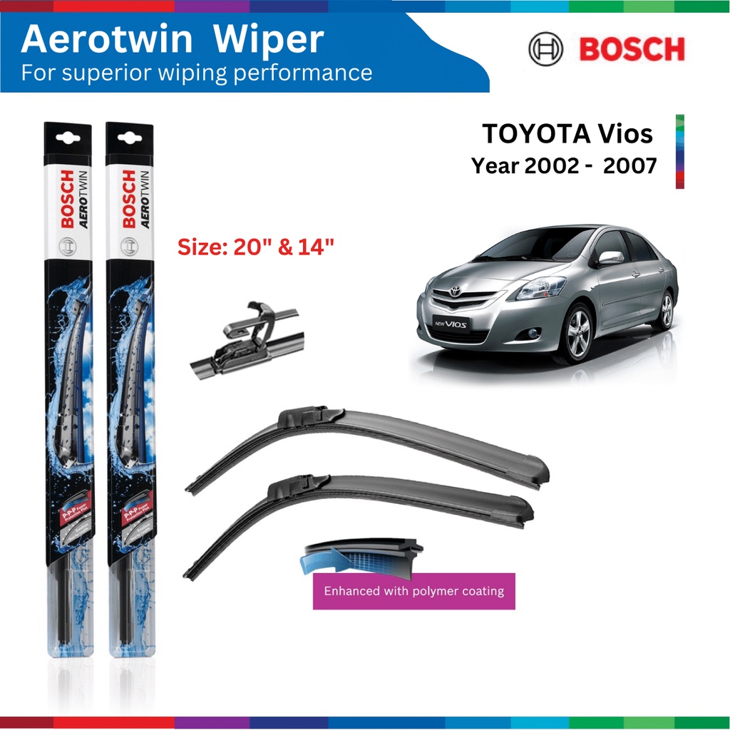 Bộ gạt mưa xe Toyota Vios, đời xe 2002 đến nay, Bosch AeroTwin, móc chữ U, Size 20" & 14", 24" & 14"