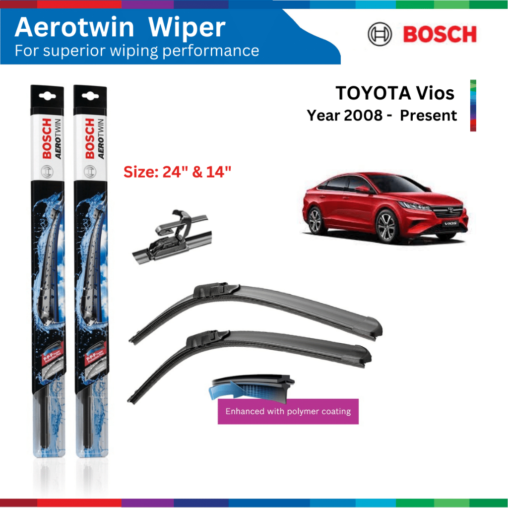 Bộ gạt mưa xe Toyota Vios, đời xe 2002 đến nay, Bosch AeroTwin, móc chữ U, Size 20" & 14", 24" & 14"