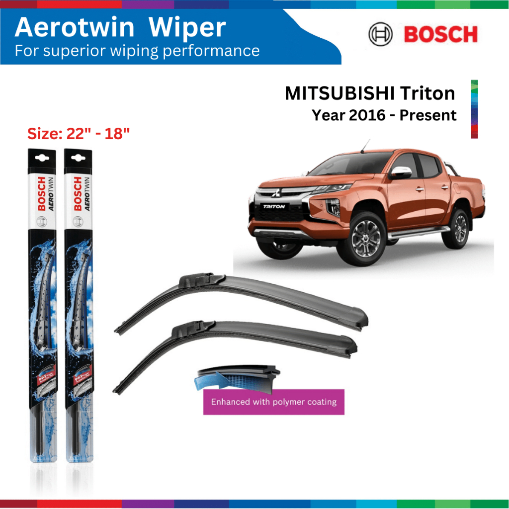 Bộ gạt mưa xe Mitsubishi Triton, đời xe từ 2016 đến nay, Bosch AeroTwin, móc chữ U, size 22" & 18", gạt nước xe Triton