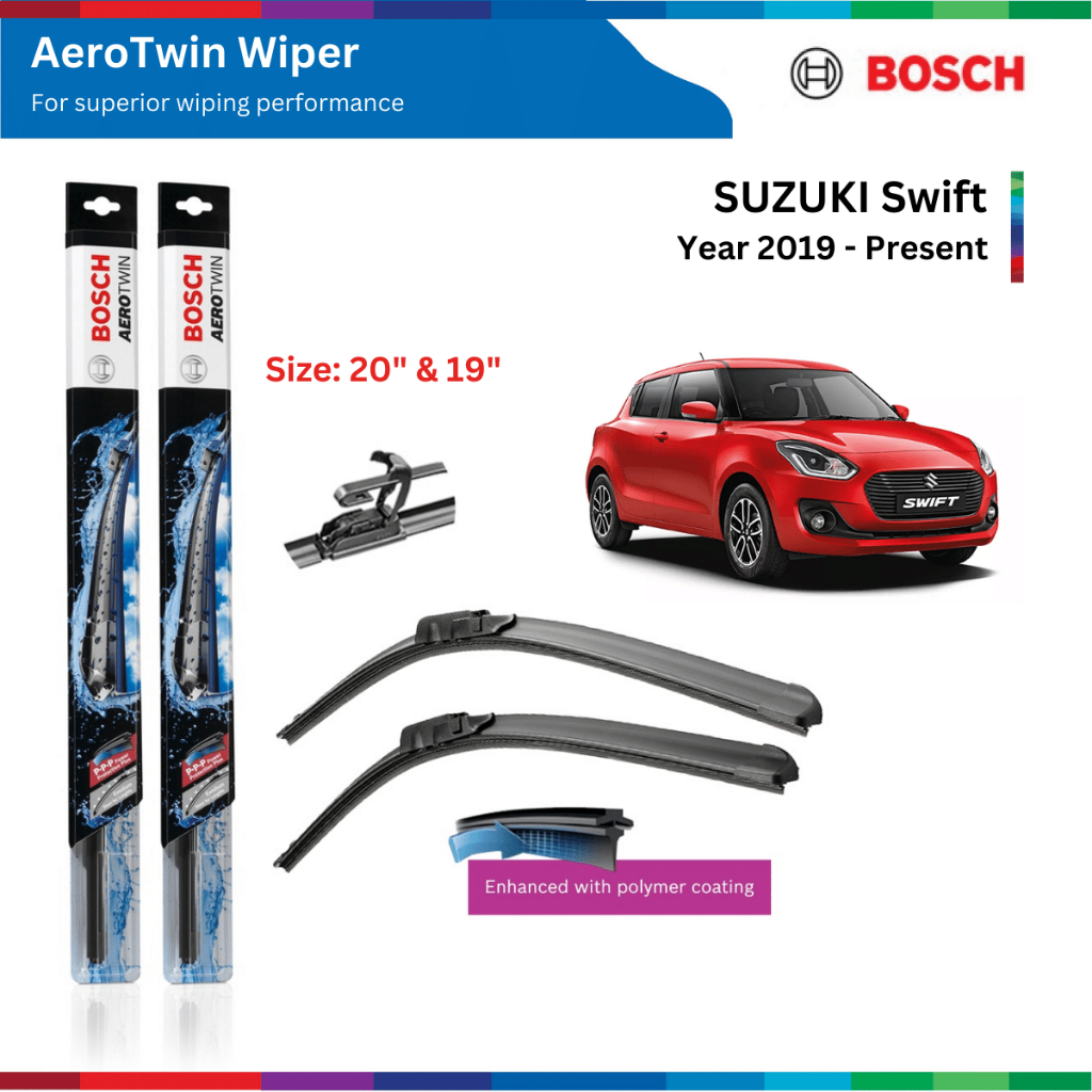 Bộ gạt mưa xe SUZUKI Swift, đời xe 2010 đến nay, Bosch AeroTwin, ngàm chữ U, gạt nước xe Swift, phụ tùng Bosch