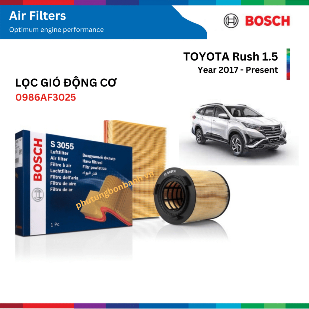 Lọc gió động cơ xe Rush 1.5 đời xe 2017 đến nay, Bosch Air Filters 0986AF3025, Toyota Rush, phụ tùng Bosch