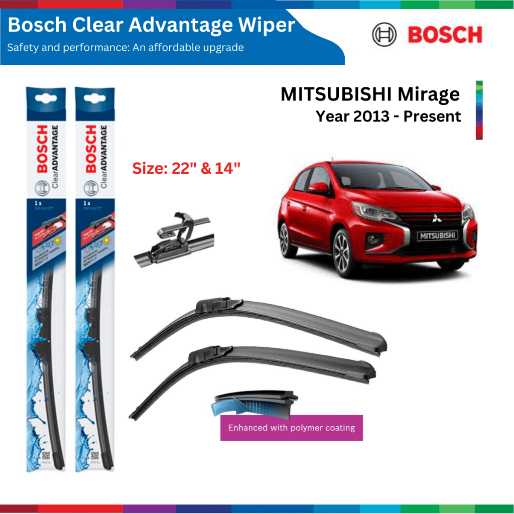 Bộ gạt mưa xe Mitsubishi Mirage, đời xe từ 2013 đến, Bosch Clear Advantage, móc chữ U, size 22 & 14, gạt nước xe Mirage