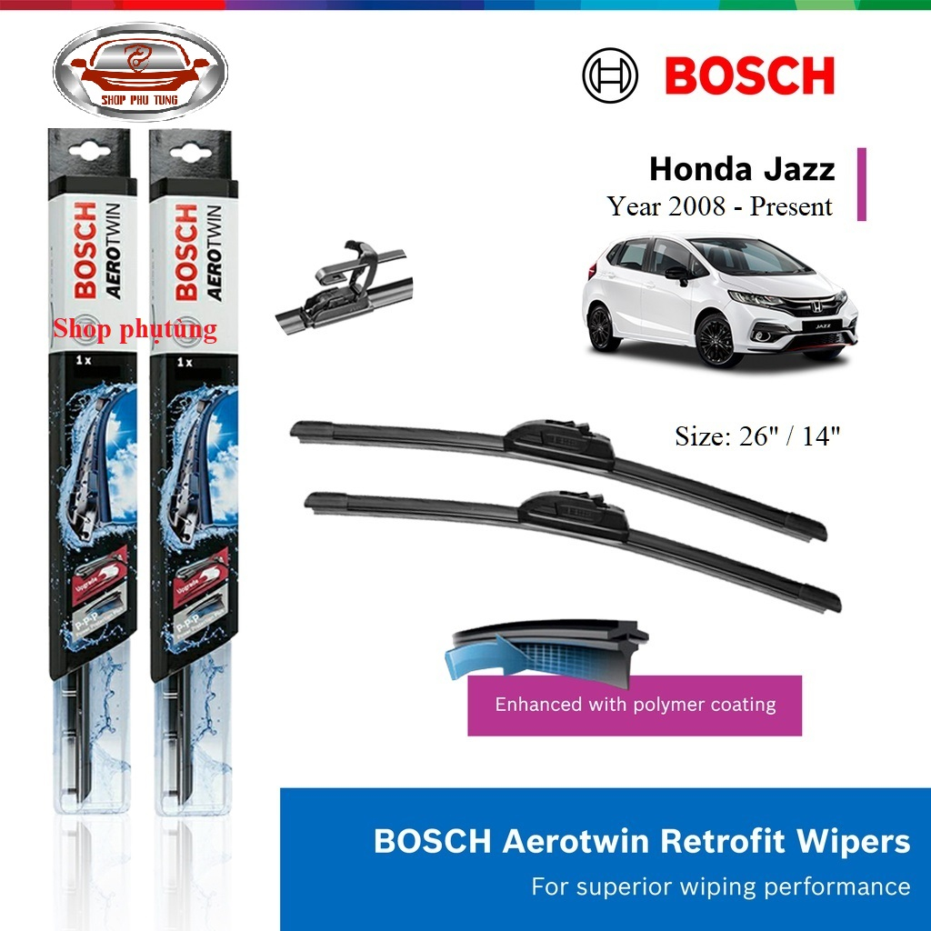 Bộ gạt mưa xe ô tô Honda Jazz (08-), Bosch Aerotwin, loại móc chữ U, size 26" & 14", gạt nước xe Jazz