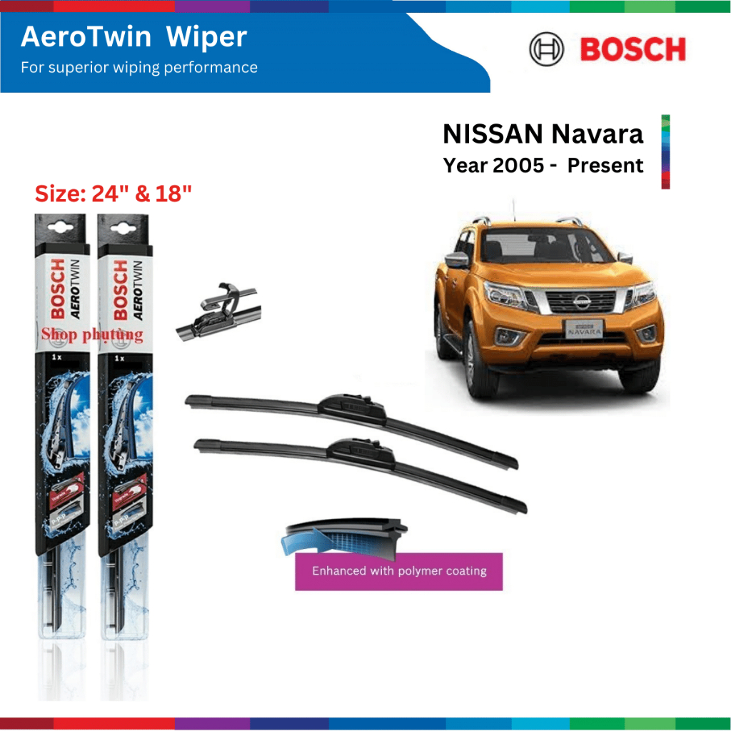 Bộ gạt mưa ô tô Nissan Navara (05-), Bosch AeroTwin, móc chữ U, size 24" & 18", gạt nước xe ô tô Navara