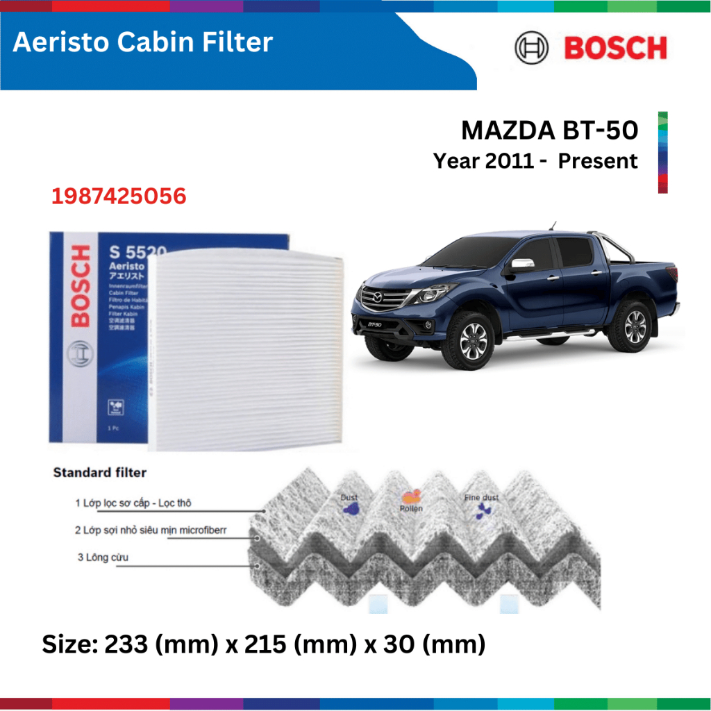 Lọc gió điều hòa xe MAZDA BT50, BT-50 (2011-), Bosch Aeristo 1987435056, lọc tiêu chuẩn, lọc gió máy lạnh xe BT50