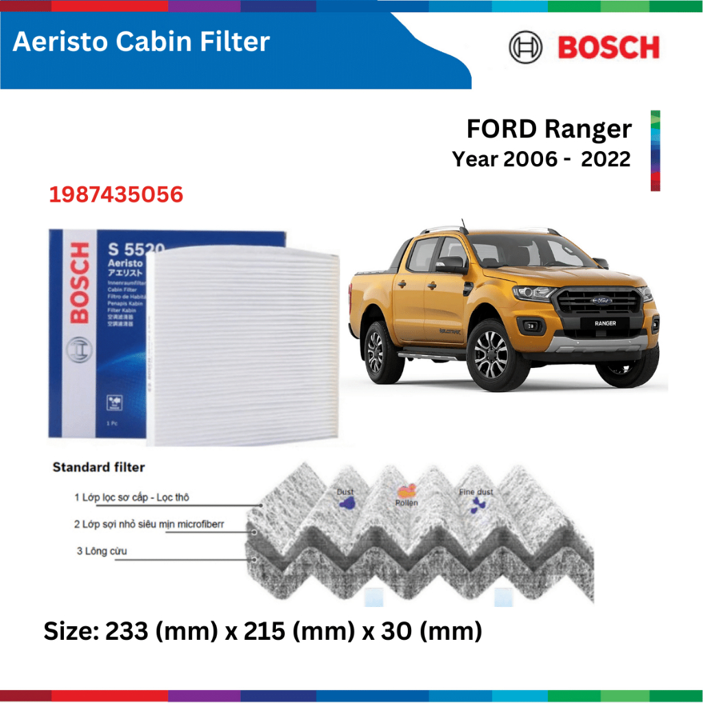 Lọc gió điều hòa xe ô tô FORD Ranger (2006-2022), Bosch Aeristo 1987435056, lọc gió máy lạnh Ranger, Ranger