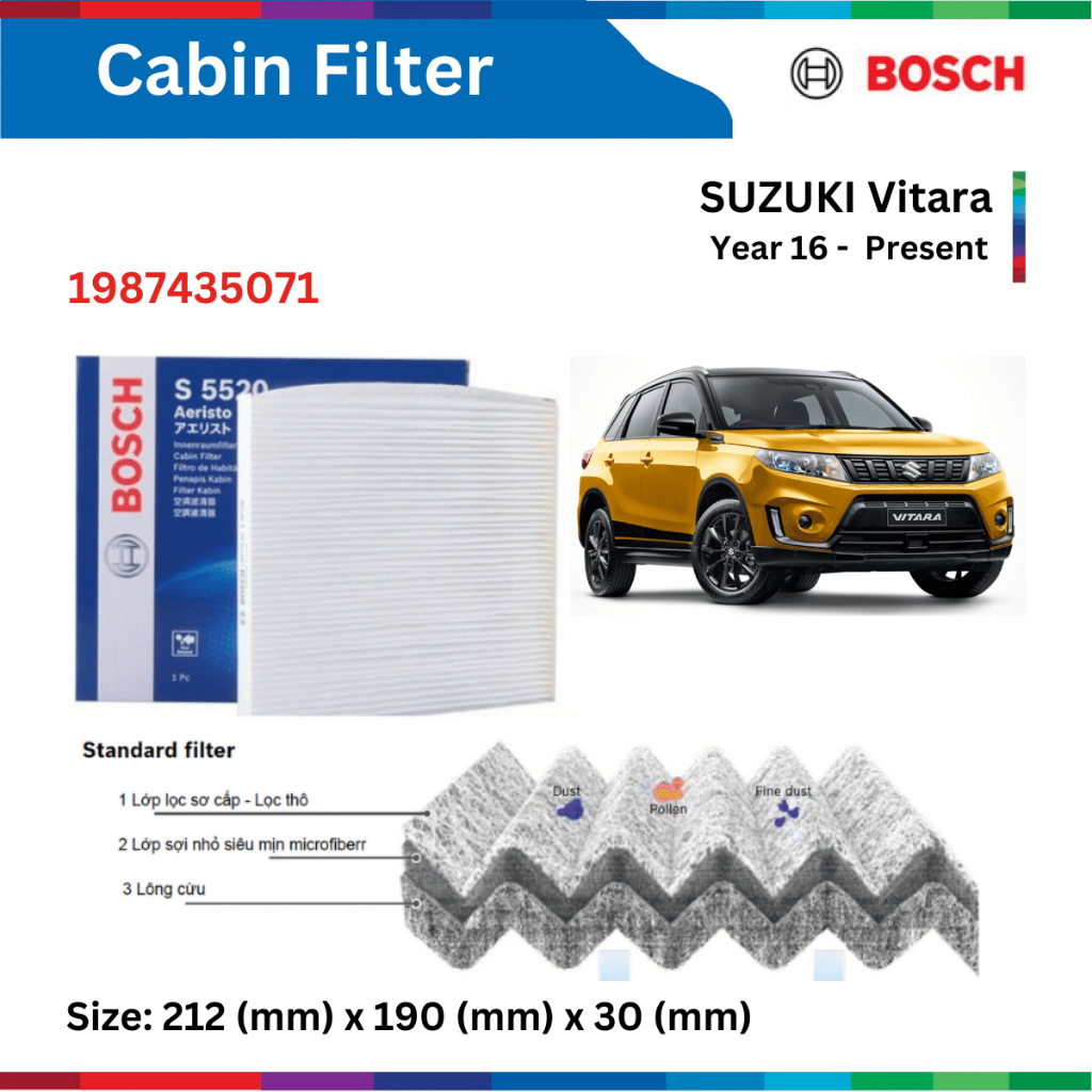 Lọc gió điều hòa xe Suzuki Vitara (16-), Bosch Aeristo 1987435071, lọc máy lạnh Vitara, phụ tùng ô tô