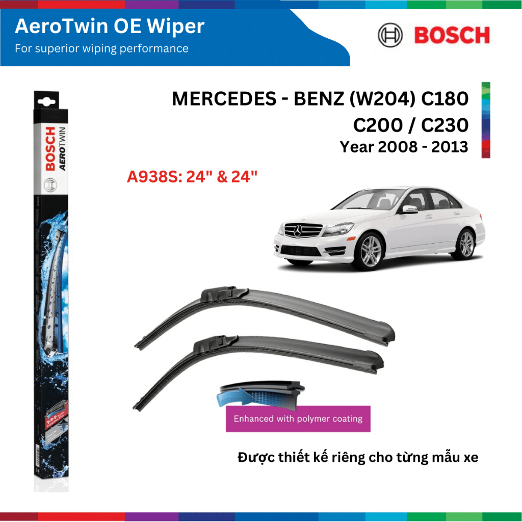 Bộ gạt mưa xe MERCEDES Benz C180, C200, C230, đời xe 2008 - 2013, Bosch AeroTwin OE Set A938S, size 24" & 24"