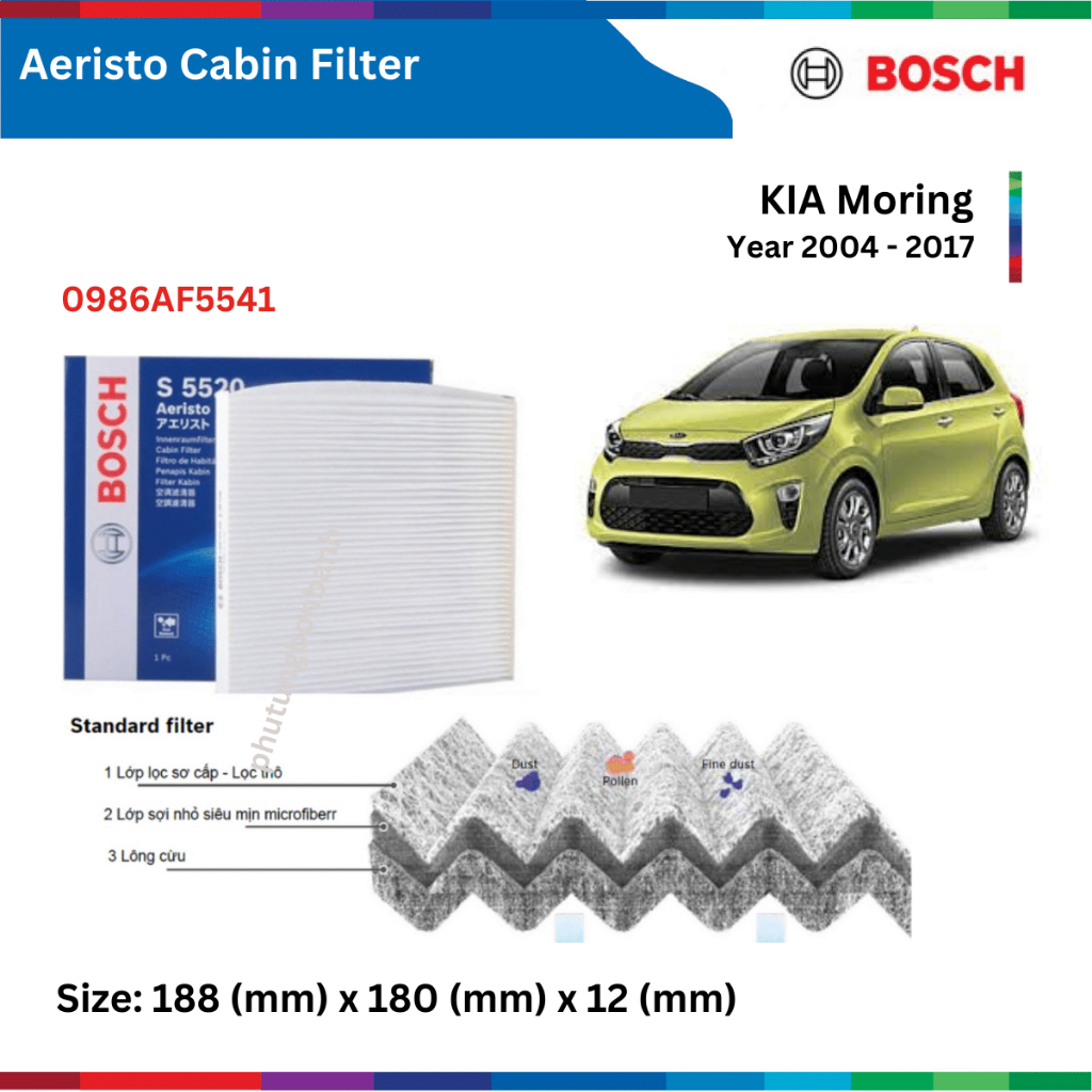 Lọc gió điều xe KIA Morning / Picanto (2004-2017), Bosch Aeristo, 0986AF5541, lọc gió máy lạnh Morning