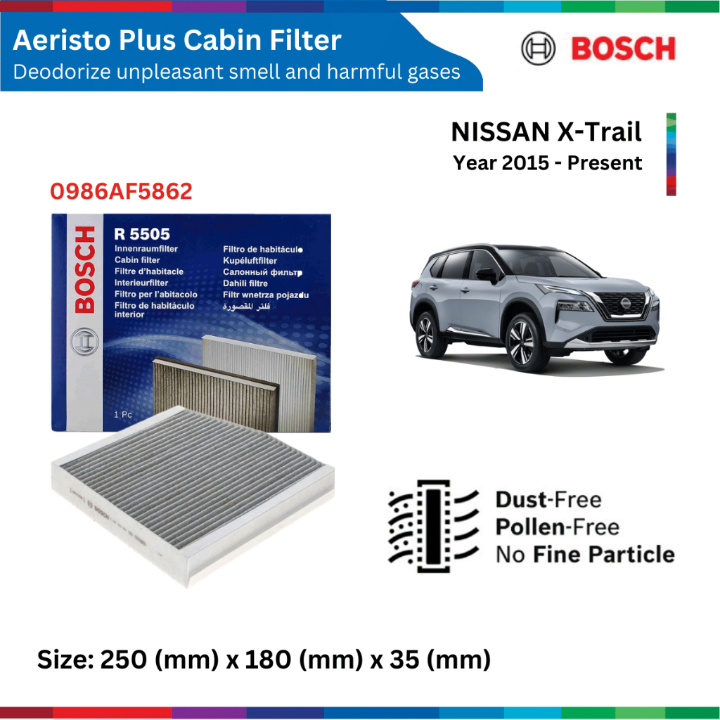 Lọc gió điều hòa than hoạt tính xe NISSAN X-Trail đời xe 2015 đến nay, Bosch Aeristo Plus 0986AF5862