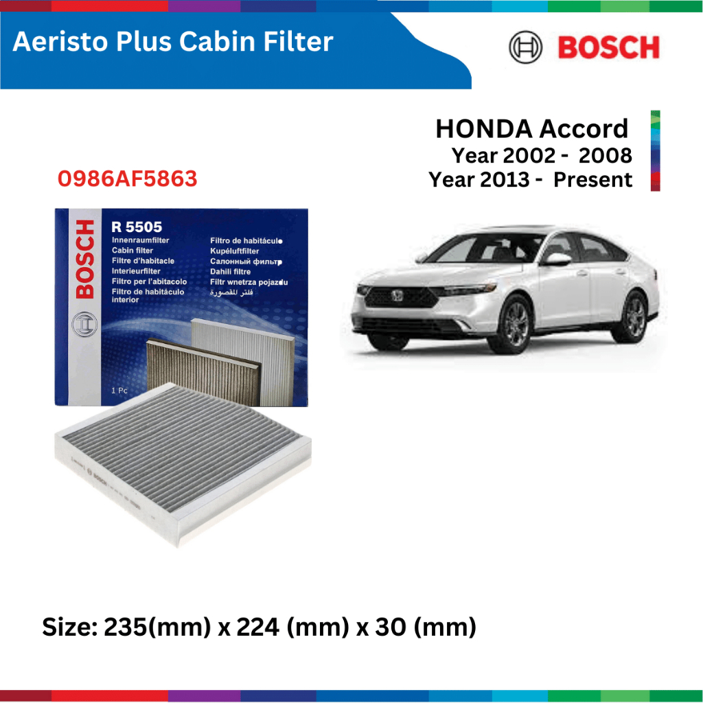 Lọc gió điều hòa than hoạt tính xe Honda Accord (02-08) / 13-, Bosch Aeristo Plus, 0986AF5863, lọc gió máy lạnh Accord