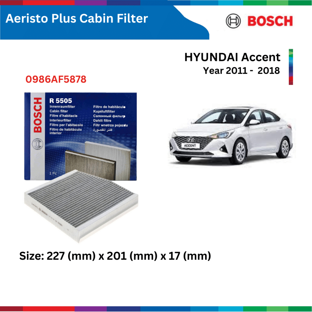 Lọc gió điều hòa than hoạt tính xe HYUNDAI Accent (2011-2018), Bosch Aeristo Plus, 0986AF5878, lọc gió máy lạnh Accent