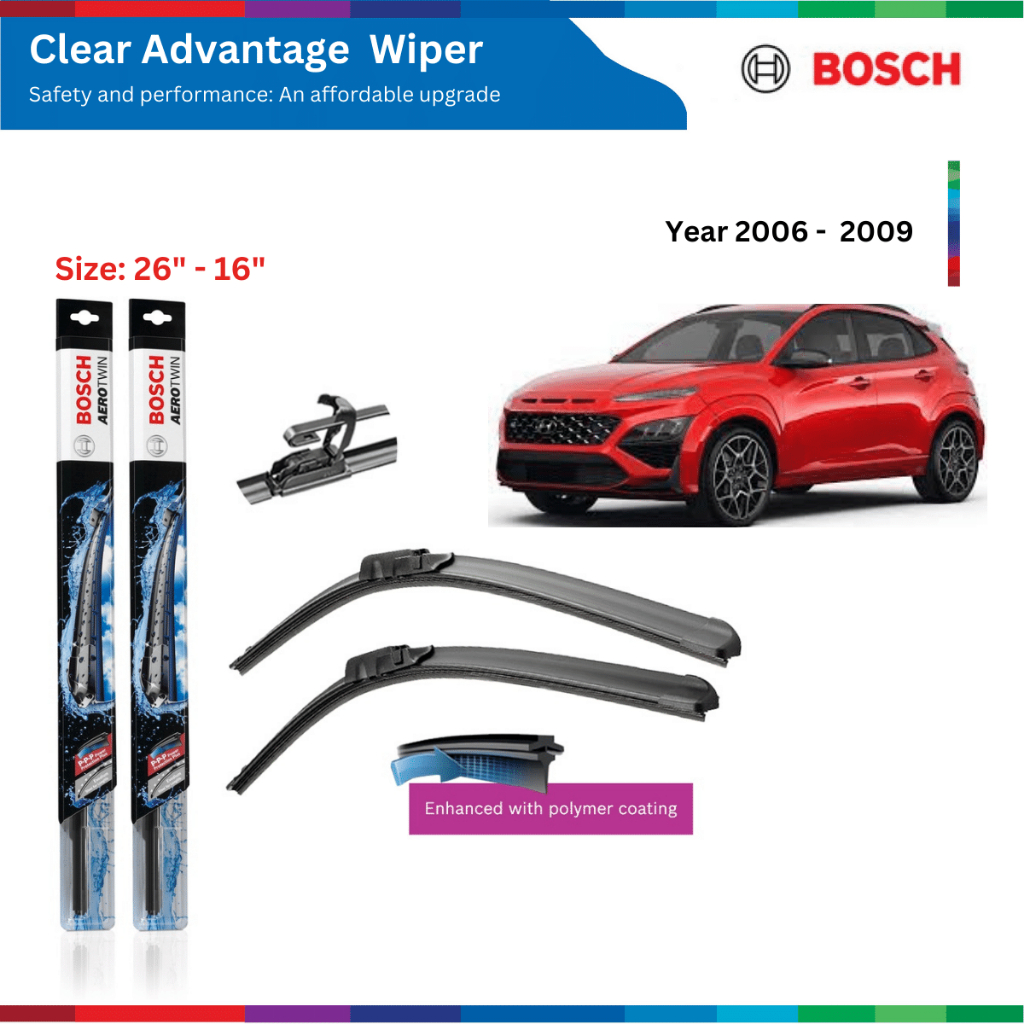 Bộ gạt mưa xe ô tô HYUNDAI Kona (17-), Bosch Clear Advantage, móc chữ U, size 26" & 16", gạt nước xe ô tô Kona