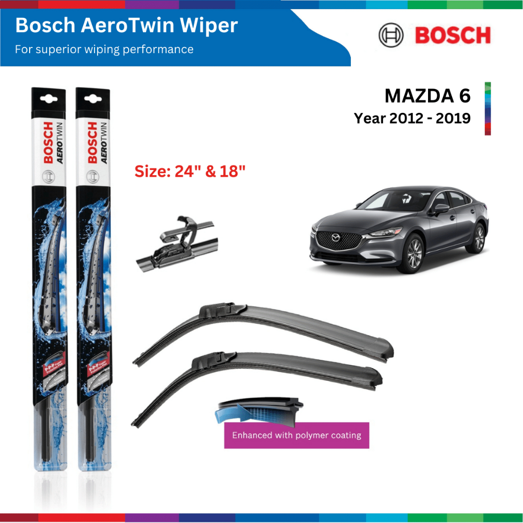 Bộ gạt mưa xe Mazda 6, đời xe 2012 đến 2019, Bosch AeroTwin, móc chữ U, 24 & 18, gạt nước xe Mazda 6