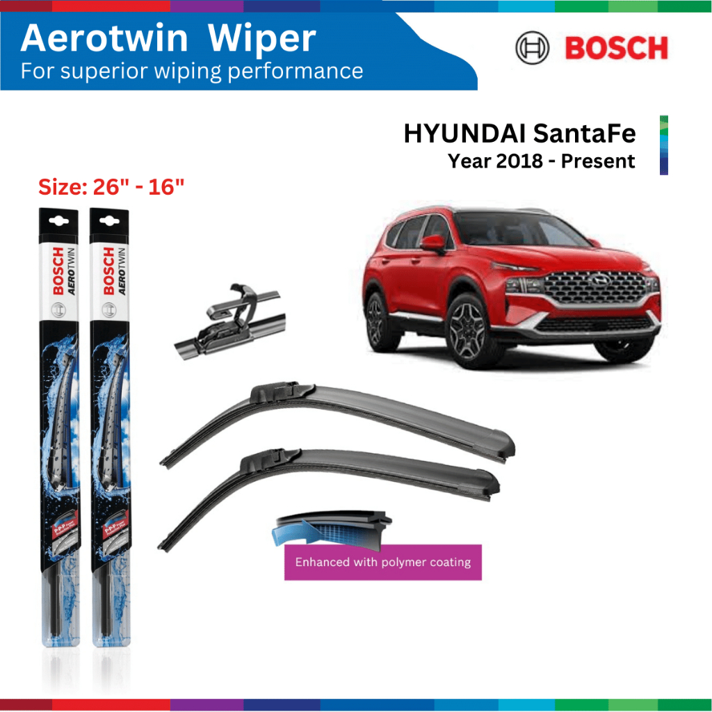 Bộ gạt mưa xe HYUNDAI SantaFe (18-), Bosch AeroTwin, móc chữ U, Size 26" & 16", bộ gạt nước SantaFe, phụ tùng ô tô