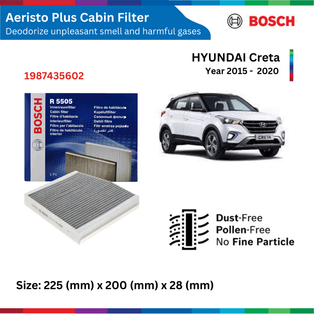 Lọc gió điều hòa than hoạt tính xe HYUNDAI Creta đời xe 2015 đến 2020, Bosch Aeristo Plus 0986AF5880 / 1987435602