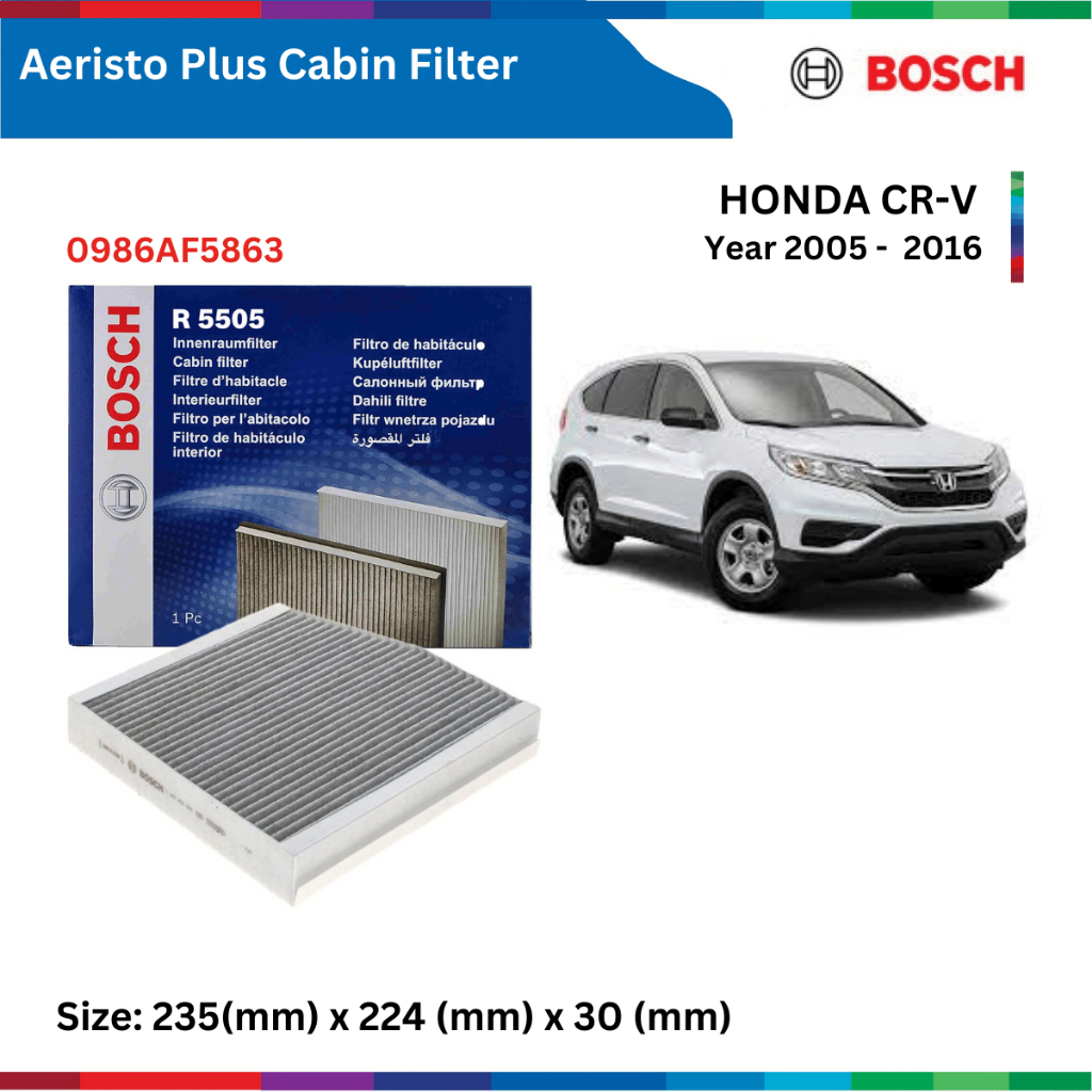 Lọc gió điều hòa xe Honda CRV (05-16), than hoạt tính, chống bụi mịn PM2.5, Bosch Aeristo Premium 0986AF7004,0986AF5863